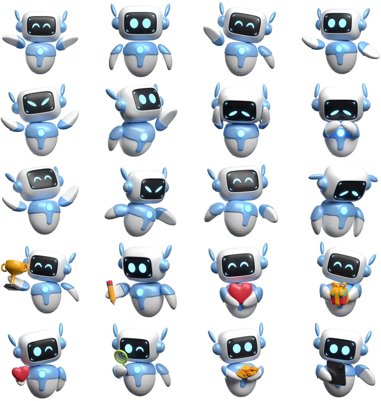 20个智能伙伴机器人造型设计：拟人化交互姿态全方位3D模型集Robot Activity 3D Illustrations - 3D Icon Set